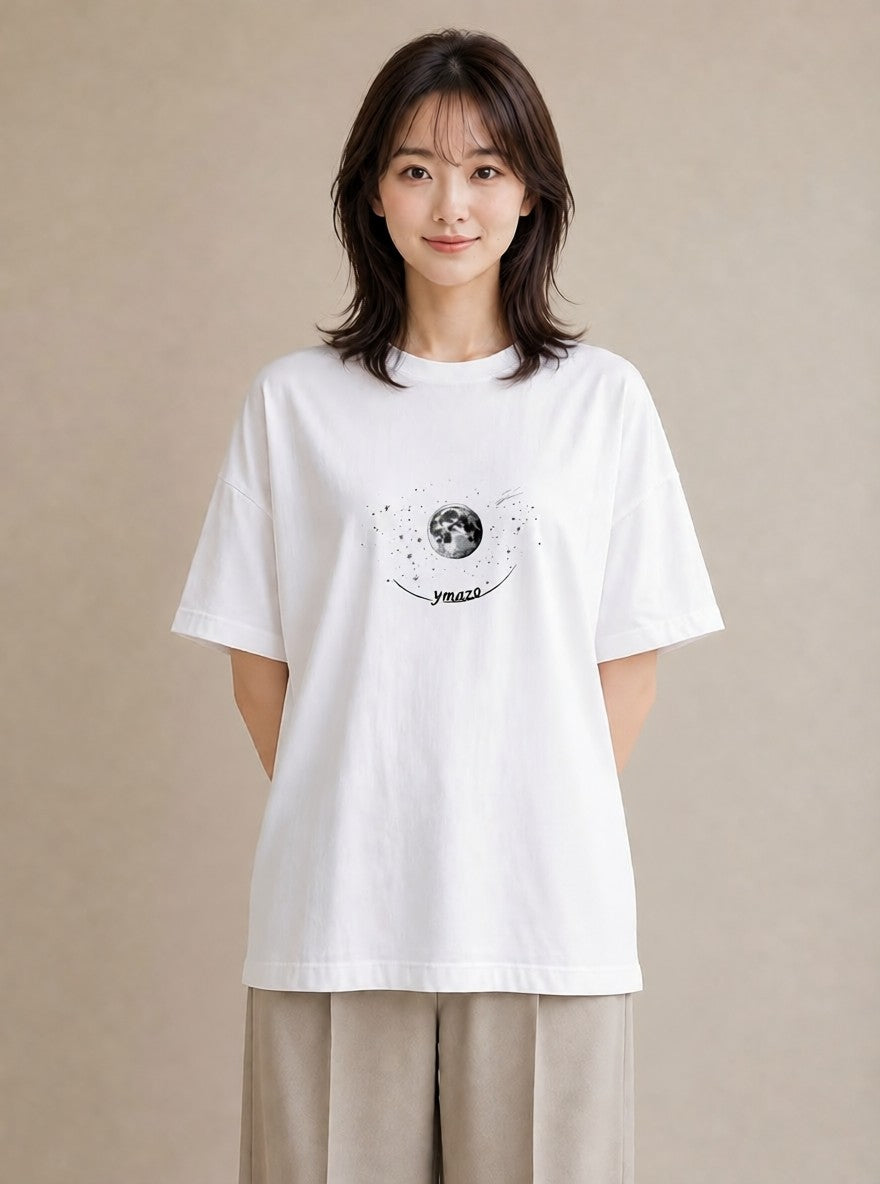 半袖Tシャツ レディース 月と星 星空 ムーン イラスト ゆるコーデ 散歩 お出かけ 白T
