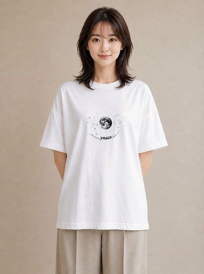 半袖Tシャツ レディース 月と星 星空 ムーン イラスト ゆるコーデ 散歩 お出かけ 白T