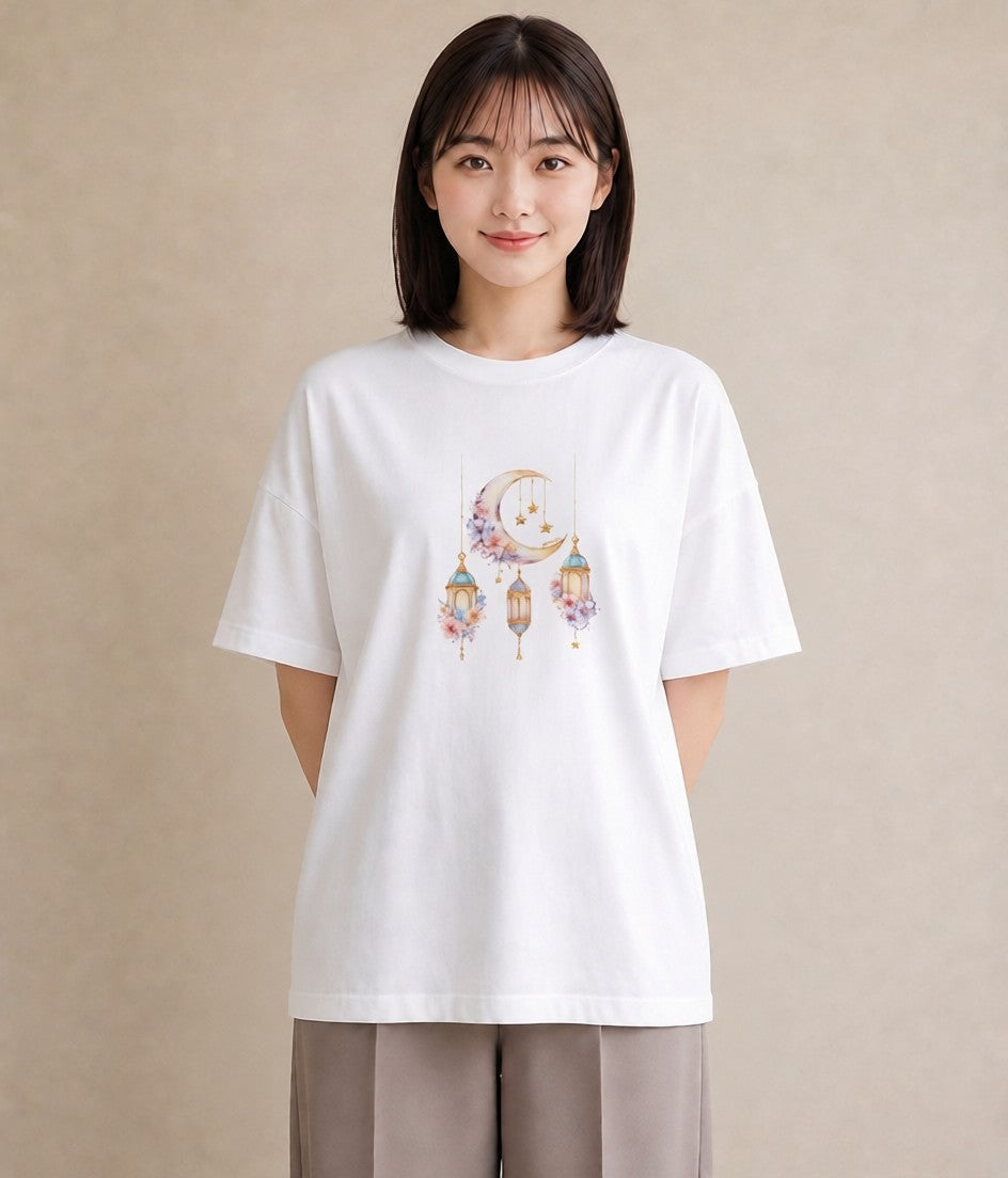 グラフィックTシャツ レディース 三日月 星空 宇宙 イラスト ボタニカル ミセス 春コーデ 白T