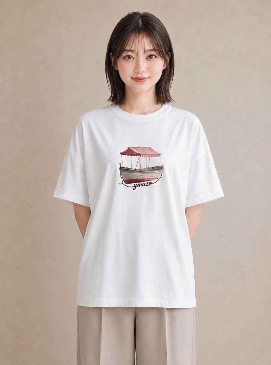 Tシャツ レディース 桟橋 水辺 波止場 ナチュラル アンティーク イラスト ママ カフェ服 白T