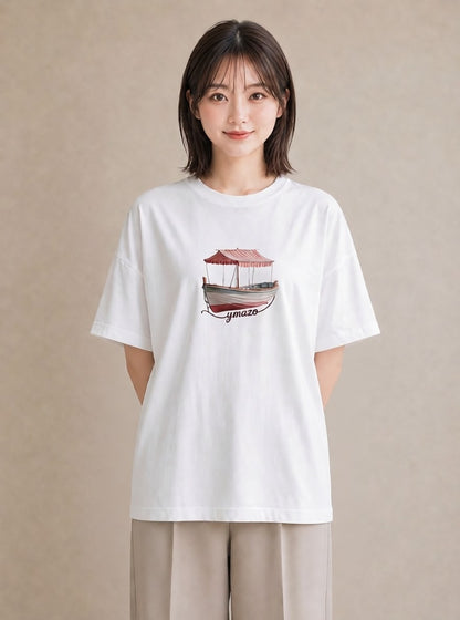 Tシャツ レディース 桟橋 水辺 波止場 ナチュラル アンティーク イラスト ママ カフェ服 白T