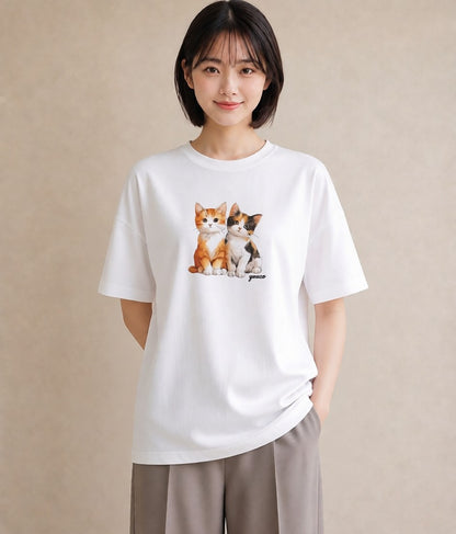 Tシャツ レディース ぶち猫 猫 ねこ イラスト ボタニカル 買い物 夏コーデ 白T