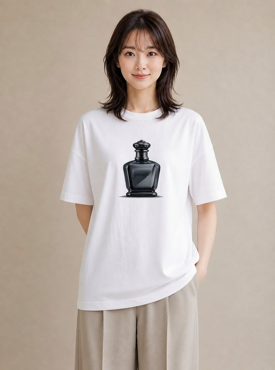 プリントTシャツ レディース 香水 香水瓶 パフューム イラスト 線画 カジュアルコーデ 買い物 白T