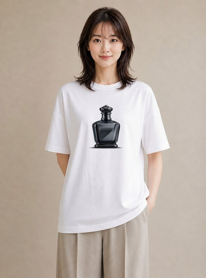 プリントTシャツ レディース 香水 香水瓶 パフューム イラスト 線画 カジュアルコーデ 買い物 白T