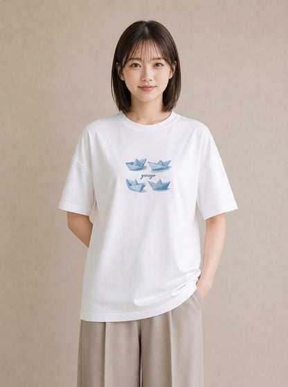 グラフィックTシャツ レディース 紙の船 水辺 ナチュラル アンティーク イラスト ミニマル 社会人 女性 白T