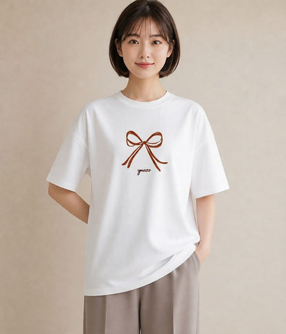 Tシャツ レディース リボン ボウ りぼん イラスト ポップ ビーチ デイリーウェア 白T