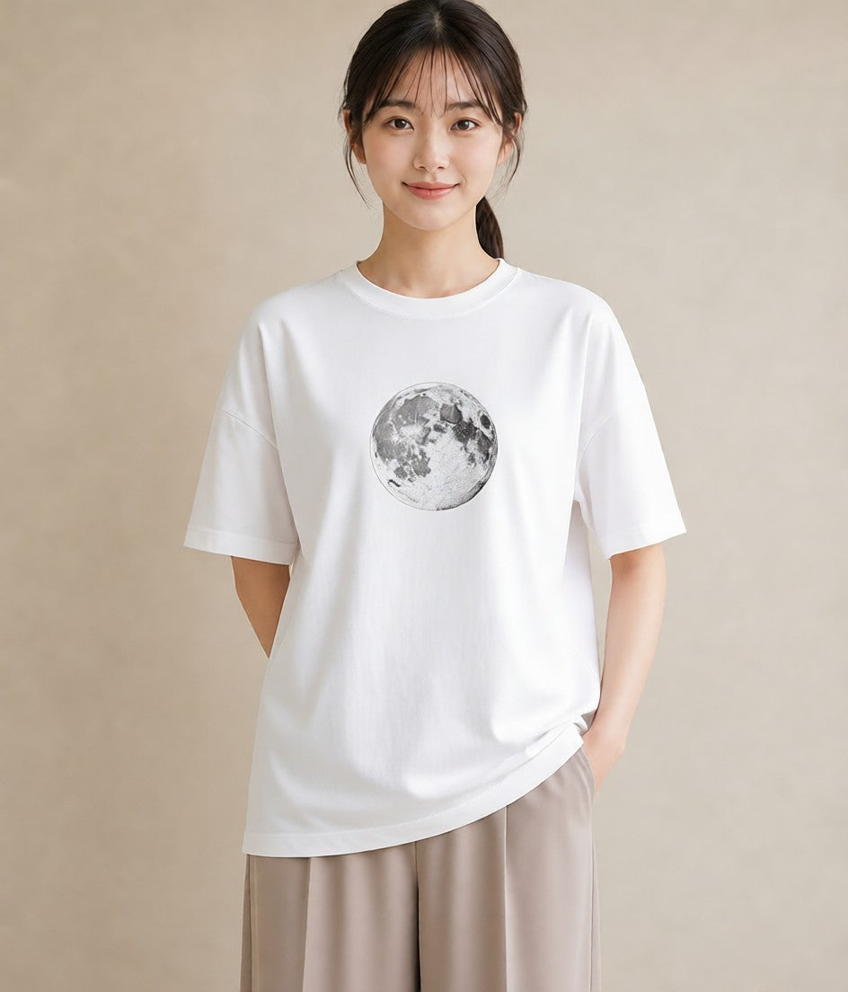 半袖Tシャツ レディース 満月 星空 宇宙 イラスト 個性的 買い物 夏コーデ 白T