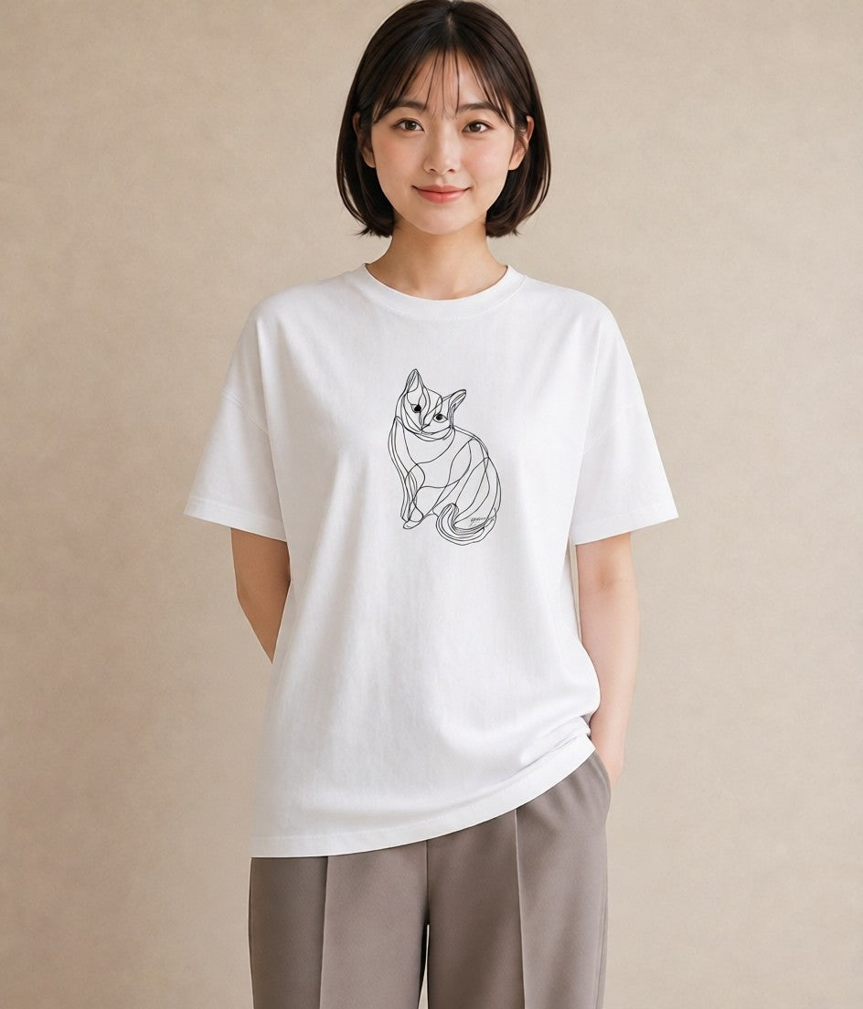 グラフィックTシャツ レディース 猫 ねこ ネコ イラスト 線画 散歩 お出かけ 白T