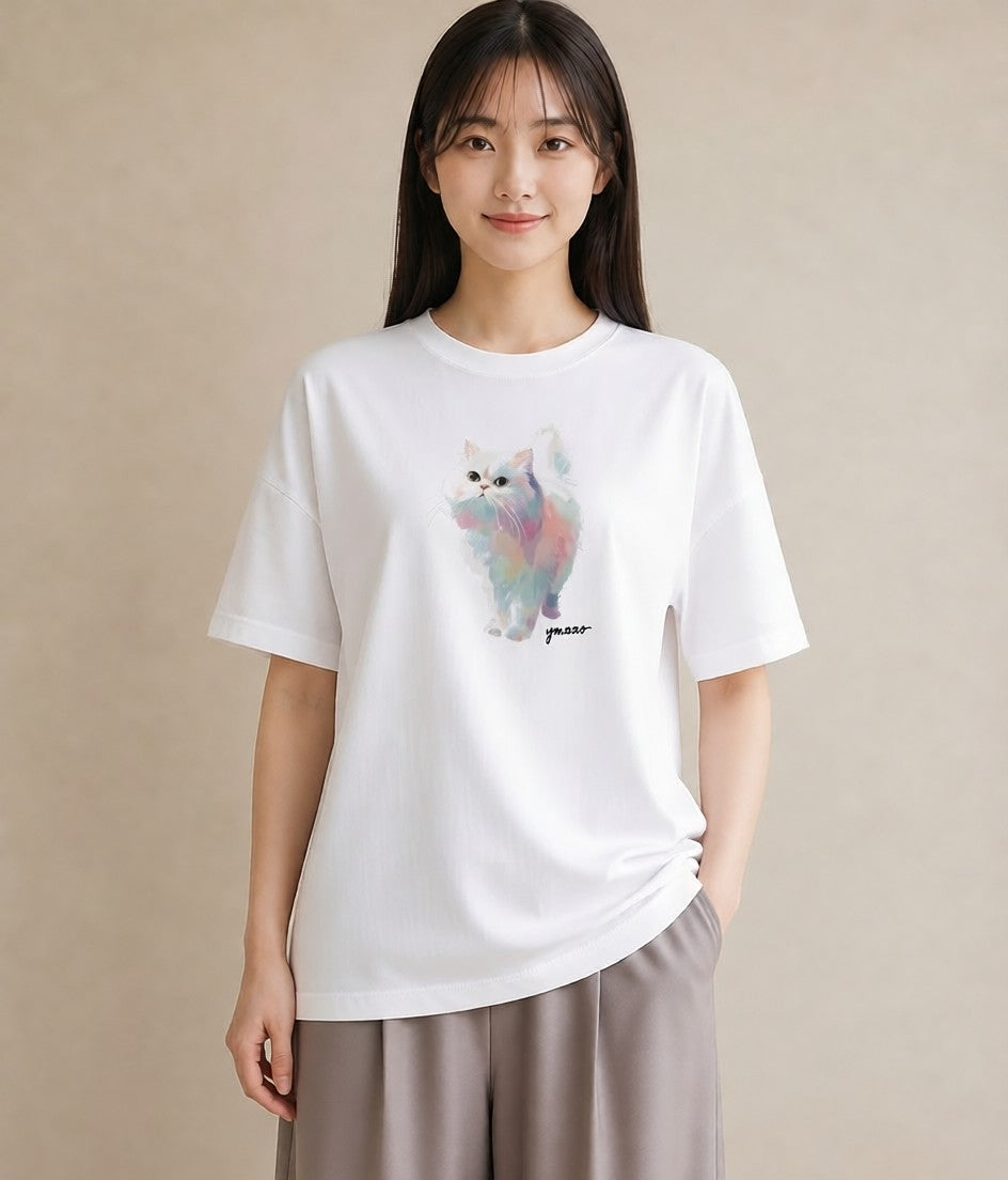 Tシャツ レディース メインクーン 猫 ねこ イラスト 水彩風 20代 カジュアルコーデ 白T