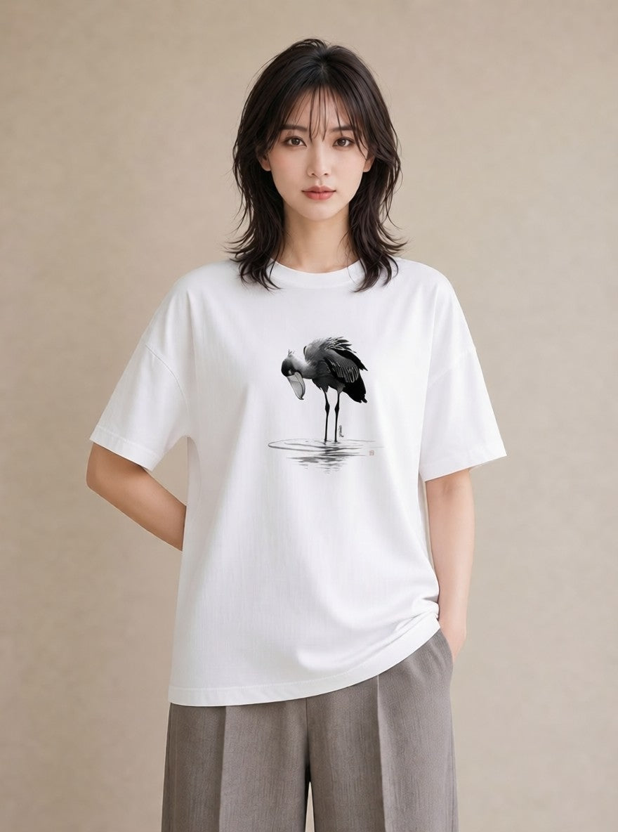 半袖Tシャツ レディース ハシビロコウ 動物 アニマル イラスト アート風 ママ カフェ服 白T