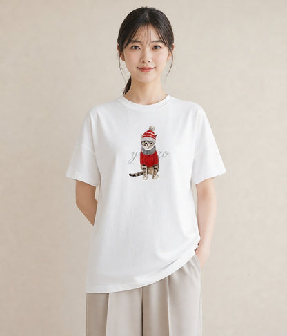 プリントTシャツ レディース キジトラ 猫 ねこ イラスト フェミニン ミセス 春コーデ 白T