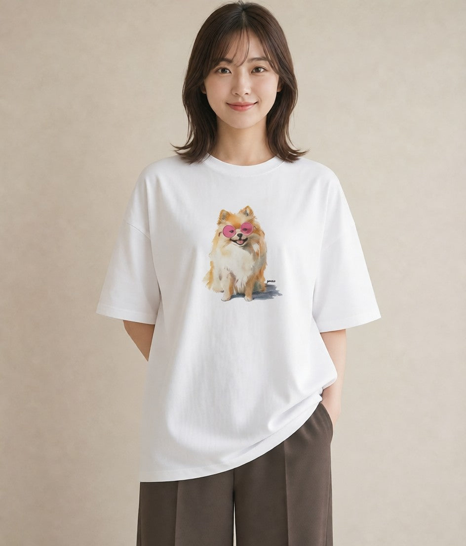 半袖Tシャツ レディース ポメラニアン ポメ 犬 いぬ イラスト ラフ 綿100 デート 白T