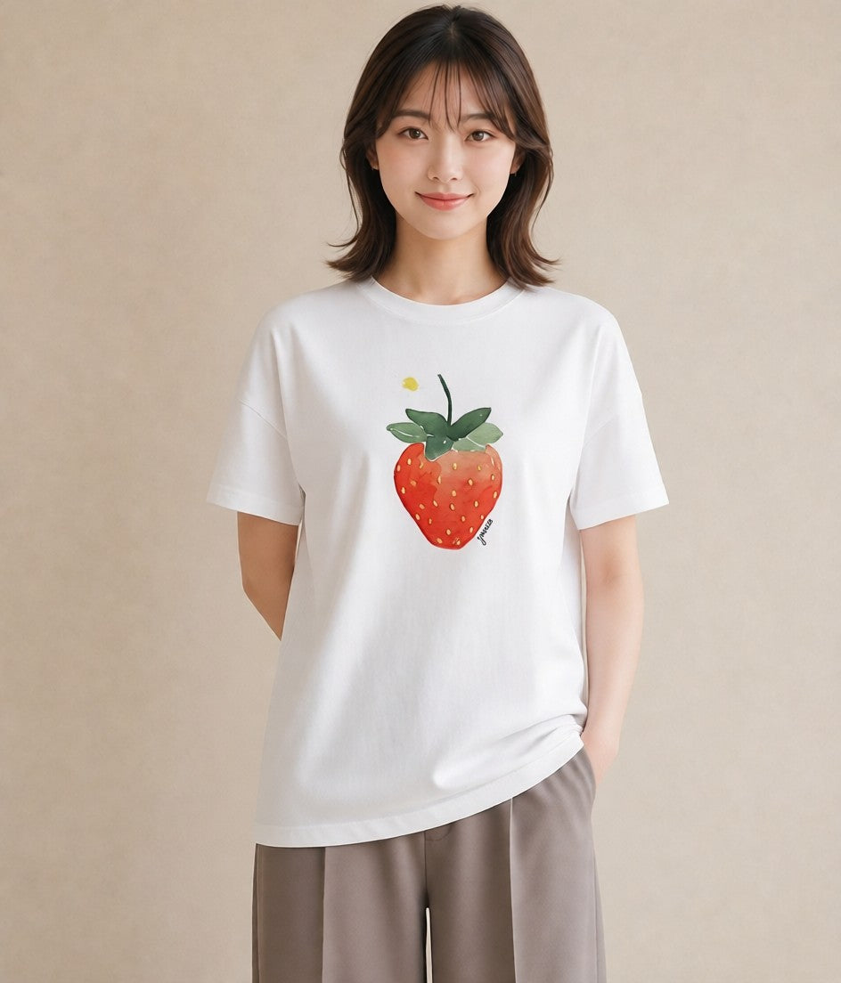 プリントTシャツ レディース いちご 苺 ストロベリー 食べ物 フード イラスト 韓国風 週末コーデ 敬老の日 白T