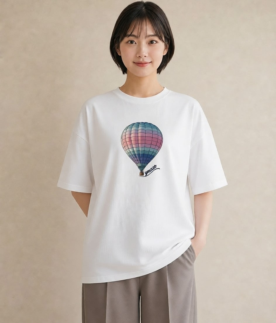 デザインTシャツ レディース 気球 星空 宇宙 イラスト 北欧風 デイリーウェア 休日 白T
