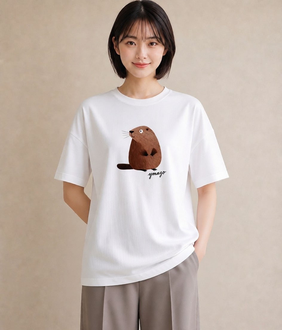 半袖Tシャツ レディース コツメカワウソ 動物 アニマル イラスト 線画 女性向けギフト 散歩 白T
