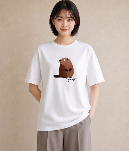 半袖Tシャツ レディース コツメカワウソ 動物 アニマル イラスト 線画 女性向けギフト 散歩 白T
