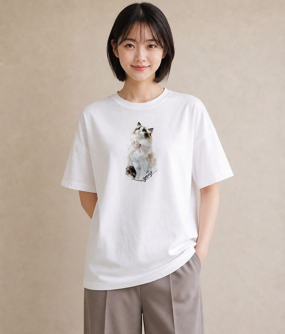 プリントTシャツ レディース 愛猫 猫 ねこ イラスト こなれ感 自分用 ルームウェア 白T