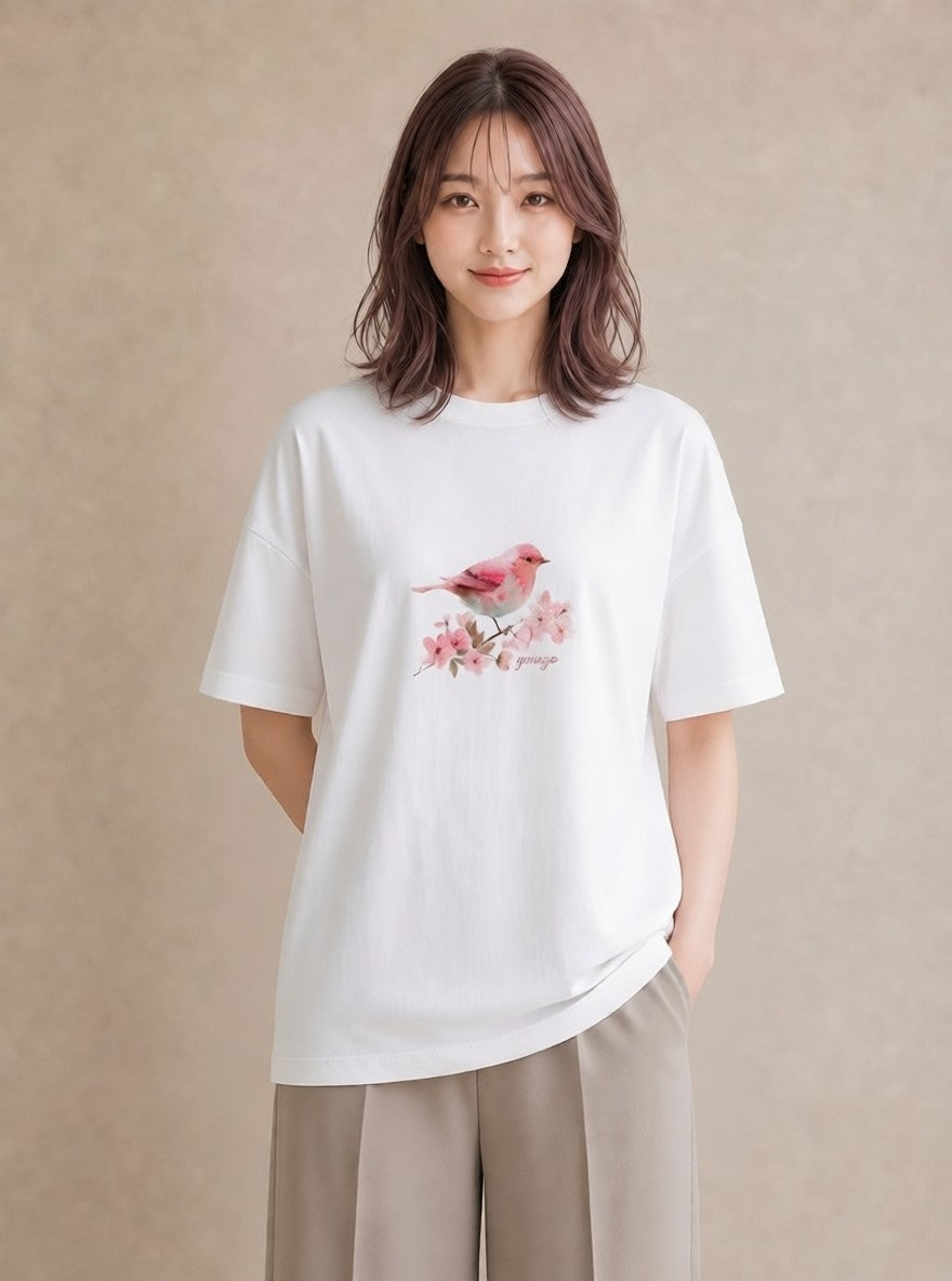 半袖Tシャツ レディース 小鳥 ペット 動物 イラスト 可愛い カジュアルコーデ 買い物 白T