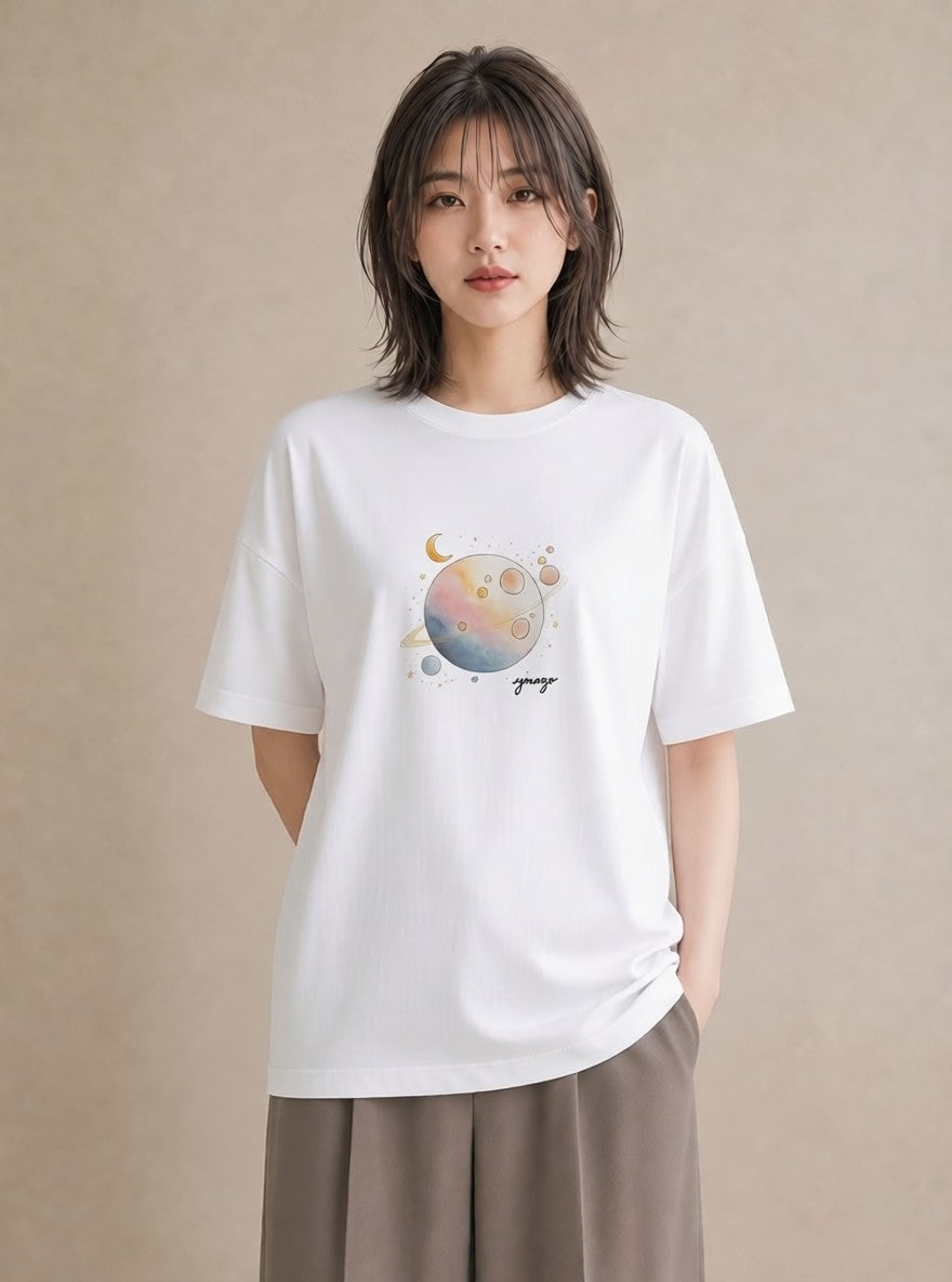 Tシャツ レディース 星 星空 宇宙 イラスト ガーリー ペアコーデ 秋コーデ 白T