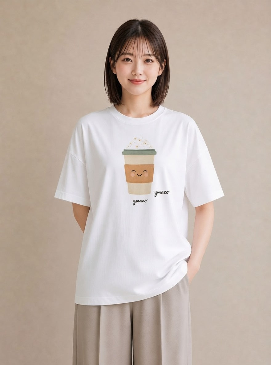 半袖Tシャツ レディース カフェラテ 食べ物 フード イラスト ニュアンス デート 帰省 白T