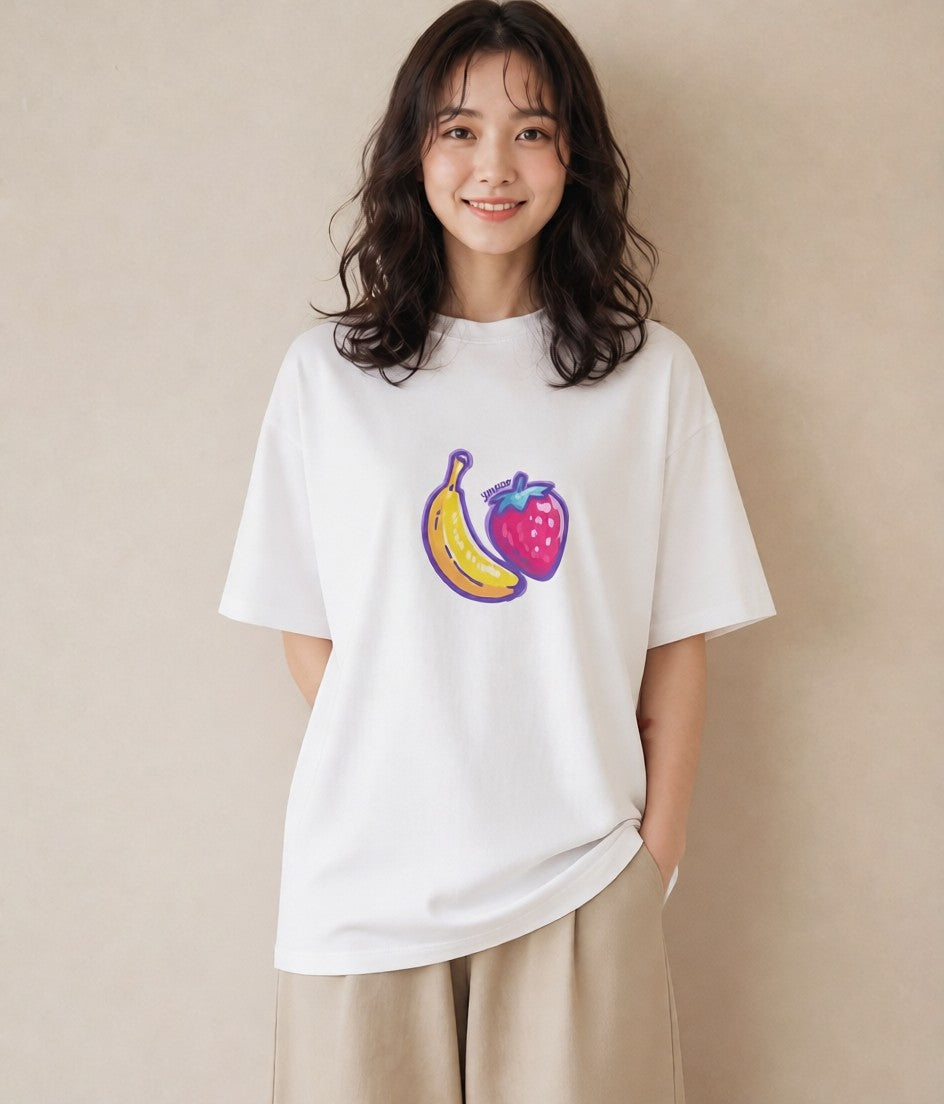 Tシャツ レディース バナナ 食べ物 フード イラスト 休日コーデ 公園 ママ 白T