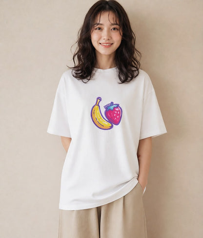 Tシャツ レディース バナナ 食べ物 フード イラスト 休日コーデ 公園 ママ 白T