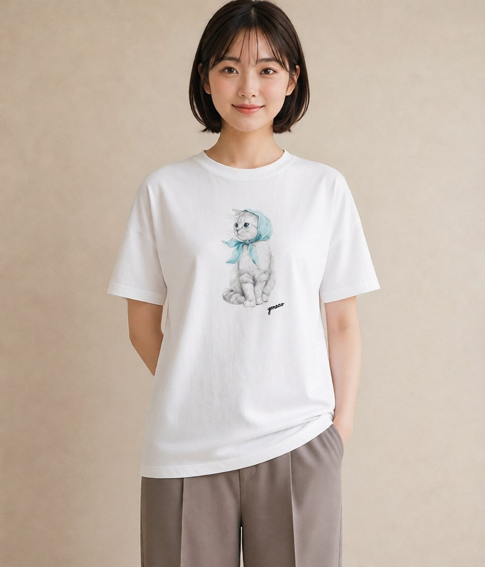 デザインTシャツ レディース スコティッシュフォールド 猫 ねこ イラスト 抜け感 社会人 女性 白T