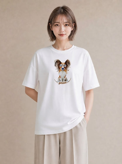 半袖Tシャツ レディース パピヨン 犬 いぬ イラスト ゆるコーデ 通勤 在宅 白T