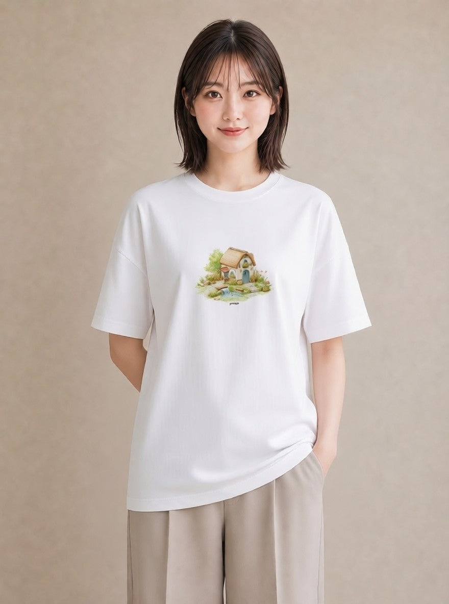 Tシャツ レディース 湖畔の小屋 湖 小屋 ナチュラル アンティーク イラスト きれいめカジュアル 部屋着 女性向けギフト 白T