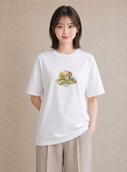 Tシャツ レディース 湖畔の小屋 湖 小屋 ナチュラル アンティーク イラスト きれいめカジュアル 部屋着 女性向けギフト 白T