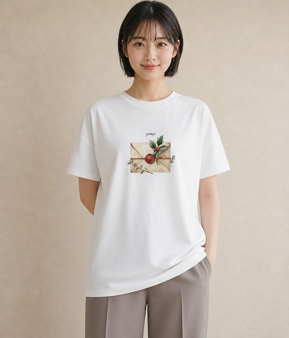 Tシャツ レディース 封蝋 手紙 アンティーク ナチュラル イラスト フェミニン カフェ巡り 女子会 白T
