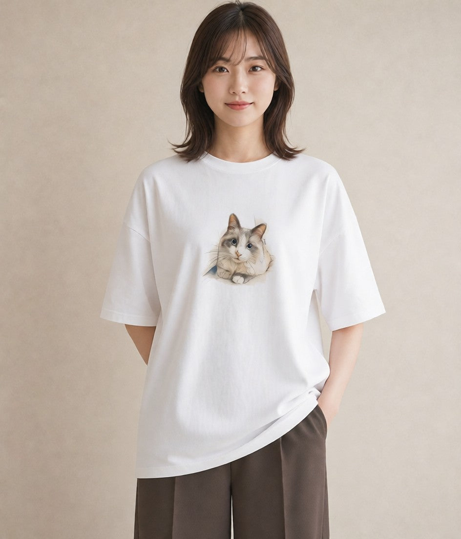 デザインTシャツ レディース ペルシャ 猫 ねこ イラスト ニュアンス 普段着 週末コーデ 白T