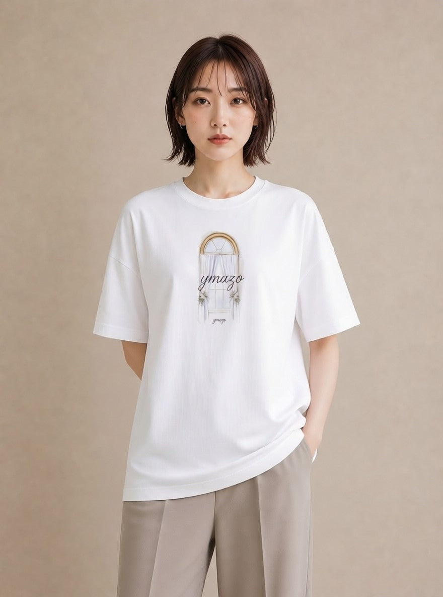 プリントTシャツ レディース 窓辺の雨 雨の日 窓 ナチュラル アンティーク イラスト 抜け感 友達ギフト 部屋着 白T