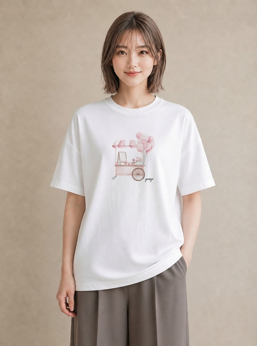プリントTシャツ レディース わたあめ 食べ物 フード イラスト ゆるコーデ 友達ギフト 部屋着 白T