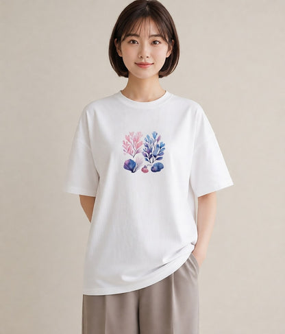 Tシャツ レディース サンゴ 海の生き物 海 イラスト アート風 休日 ペアコーデ 白T