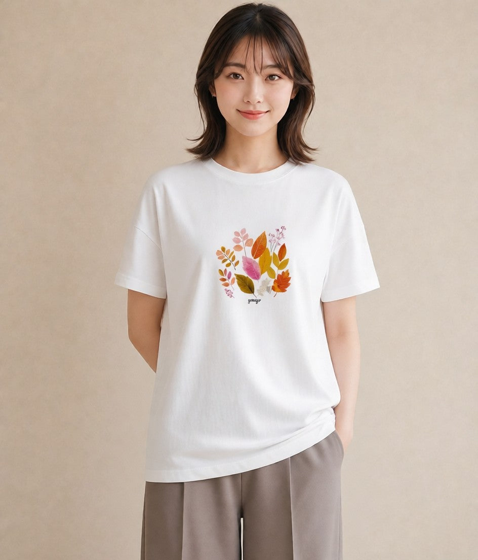 プリントTシャツ レディース 落ち葉 植物 ボタニカル イラスト ヴィンテージ風 デイリーウェア 休日 白T