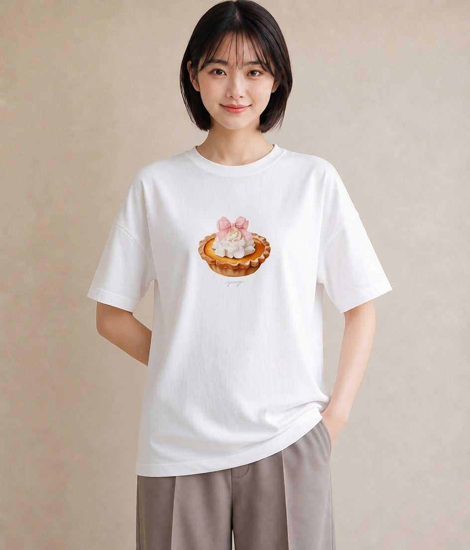 デザインTシャツ レディース プリン 食べ物 フード イラスト こなれ感 送別ギフト 通勤 白T