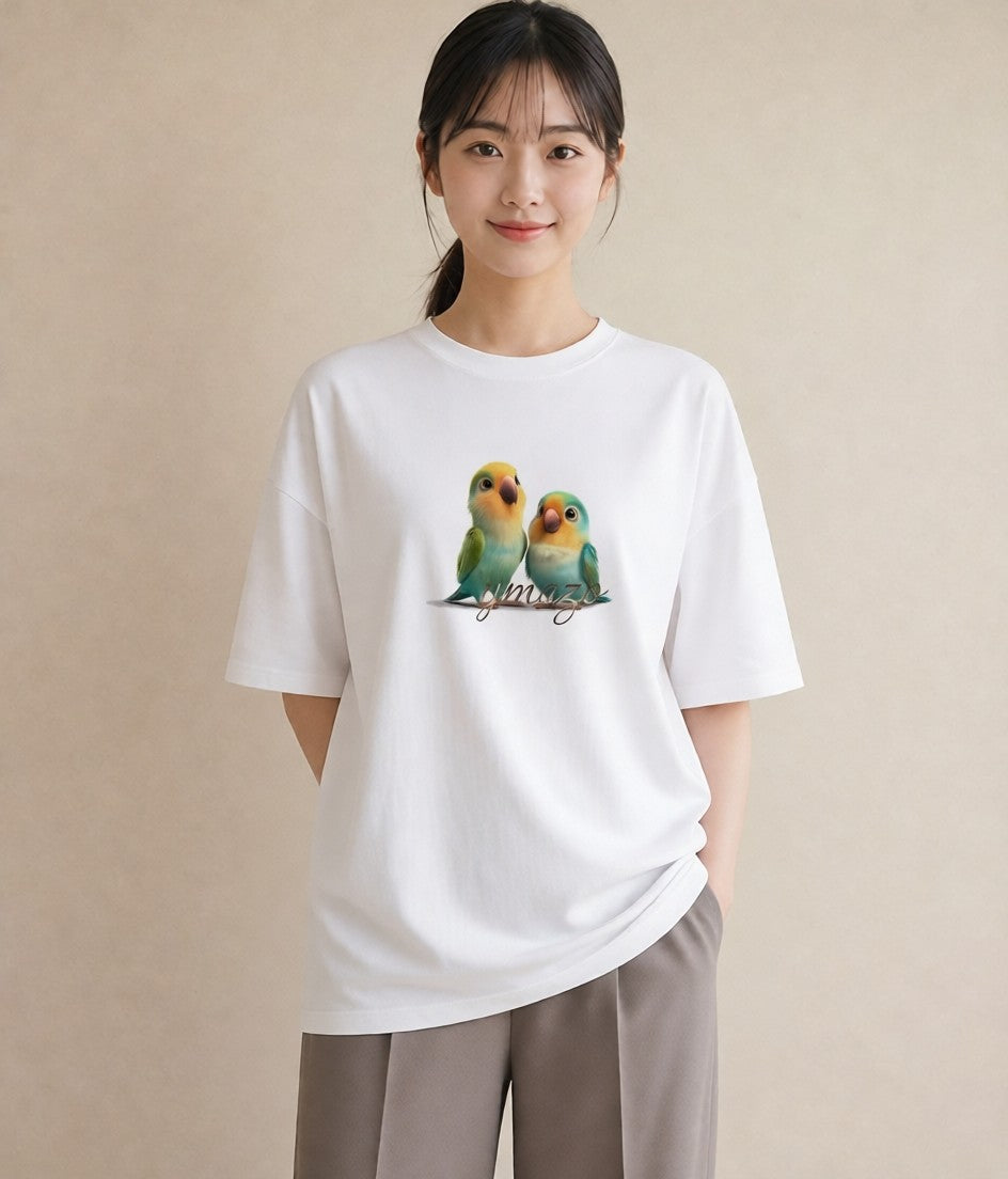 グラフィックTシャツ レディース セキセイインコ ペット 動物 イラスト フェミニン 姉妹 送別ギフト 白T