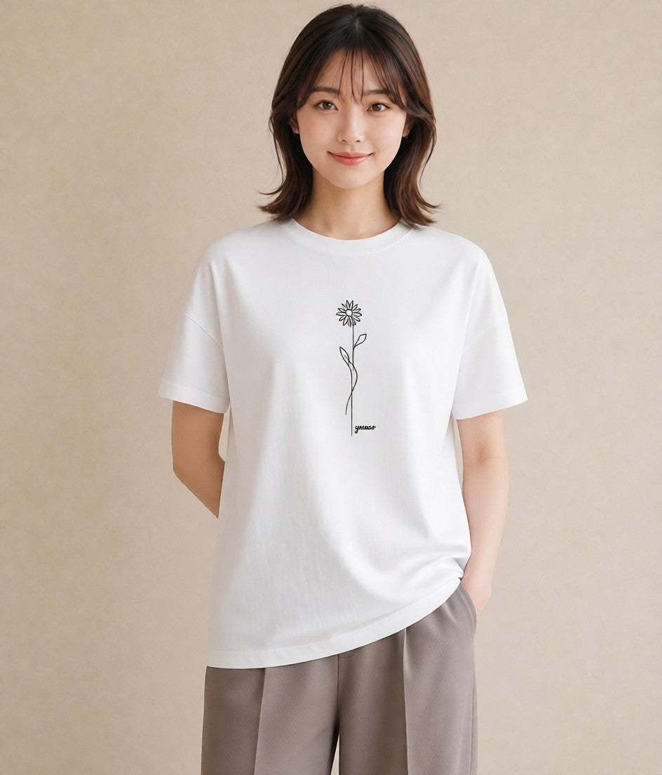 Tシャツ レディース 小花 花 フラワー イラスト 普段使い 綿100 デート 白T