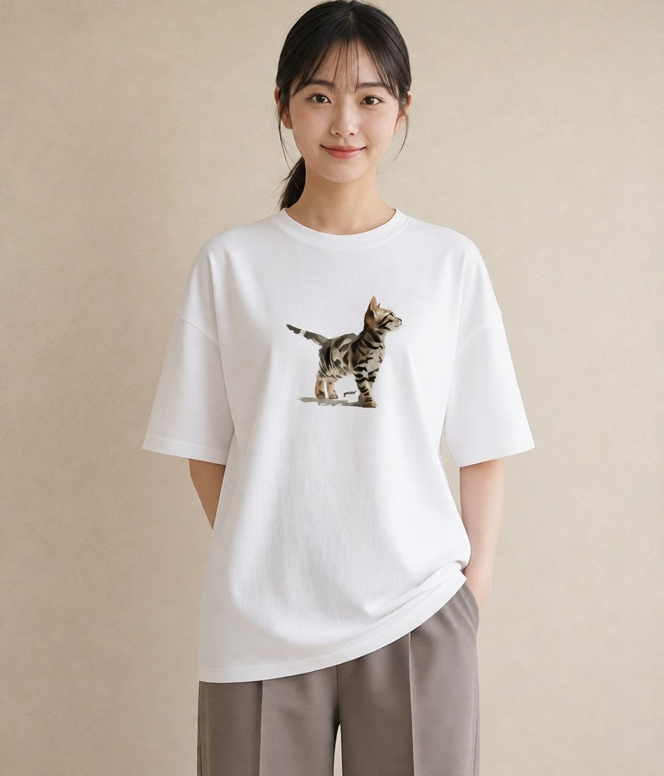デザインTシャツ レディース 猫 ねこ イラスト アート風 海 カフェ巡り 白T