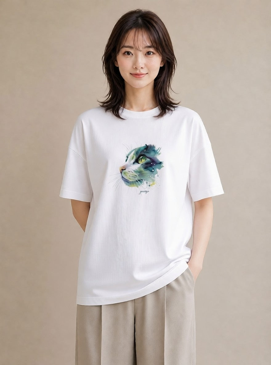 半袖Tシャツ レディース スコティッシュフォールド 猫 ねこ イラスト カフェコーデ 部屋着 女性向けギフト 白T