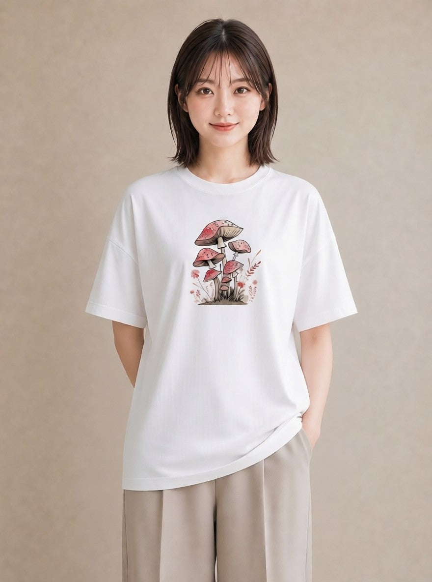 Tシャツ レディース きのこ 植物 ボタニカル イラスト 線画 自分用 ルームウェア 白T