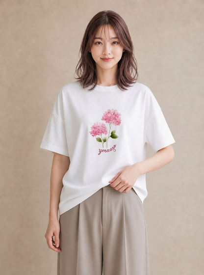 半袖Tシャツ レディース あじさい 紫陽花 アジサイ 花 花柄 イラスト 線画 休日 ペアコーデ 白T