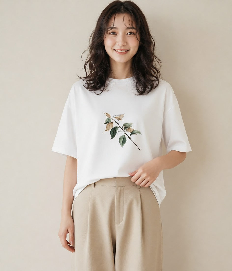 プリントTシャツ レディース 落ち葉 植物 ボタニカル イラスト カジュアル 海 カフェ巡り 白T
