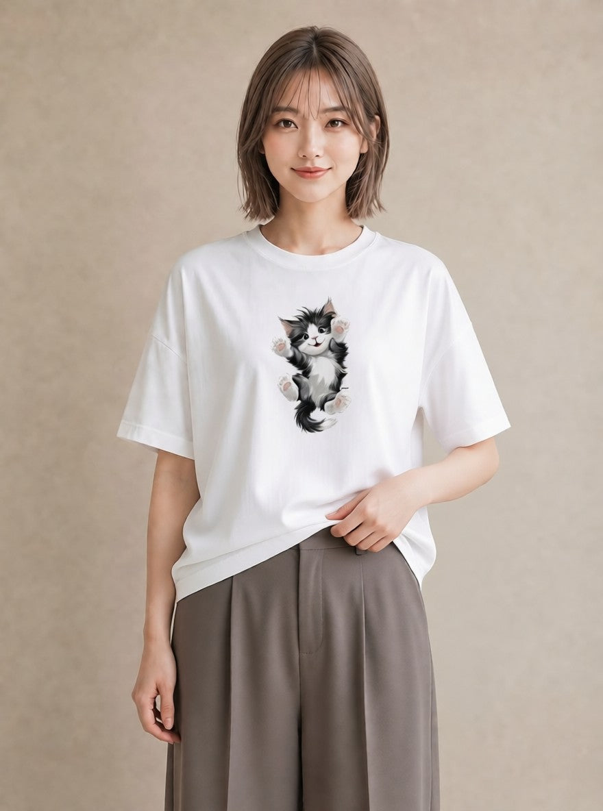 グラフィックTシャツ レディース 靴下猫 猫 ねこ イラスト カジュアル 20代 カジュアルコーデ 白T