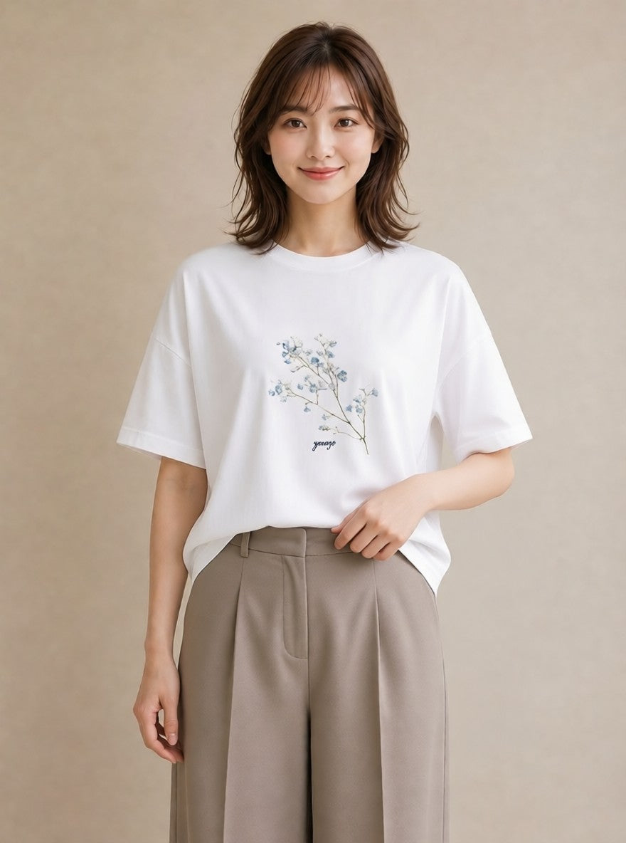 デザインTシャツ レディース カスミソウ かすみ草 花 花柄 イラスト 海 カフェ巡り 白T
