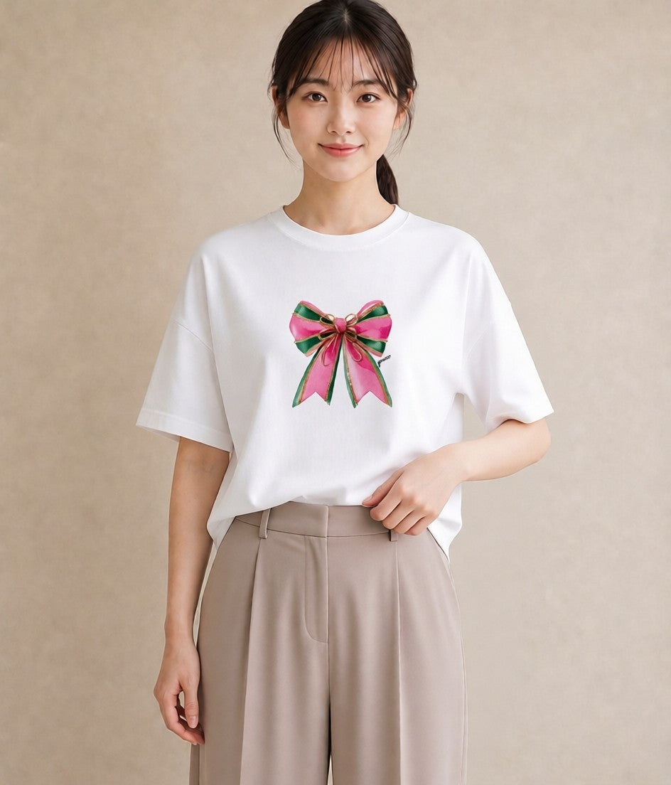 プリントTシャツ レディース リボン 蝶結び ナチュラル アンティーク イラスト こなれ感 ママ カフェ服 白T