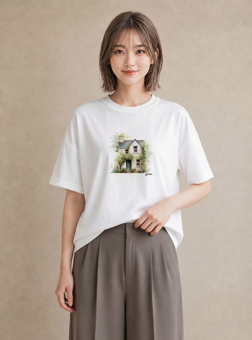 半袖Tシャツ レディース 湖畔の小屋 湖 小屋 ナチュラル アンティーク イラスト シック ラフ レイヤード 白T