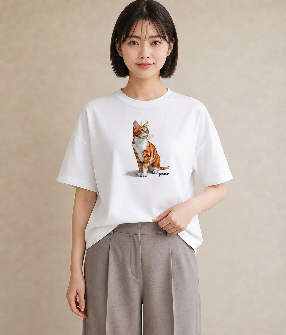 プリントTシャツ レディース おすわり猫 猫 ねこ イラスト モード 送別ギフト 通勤 白T