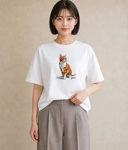 プリントTシャツ レディース おすわり猫 猫 ねこ イラスト モード 送別ギフト 通勤 白T